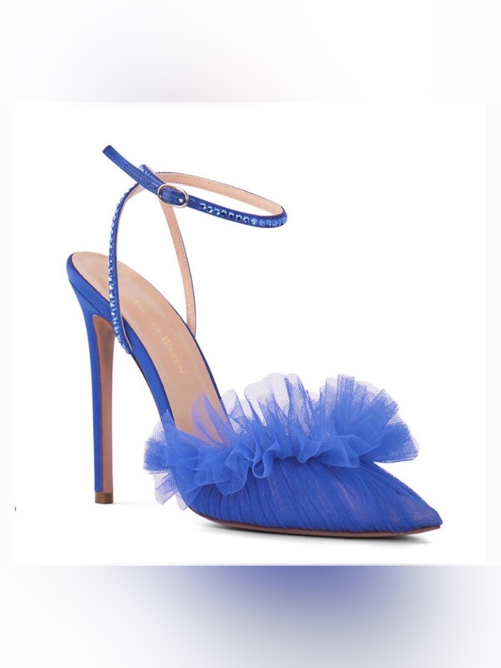 Like New! Andrea Wazen Blue Tulle Ruffle Ankle-Strap Stiletto Heels | Size 36.5